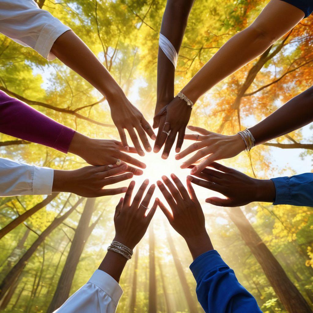 An uplifting scene of a diverse group of patients in a supportive circle, sharing emotions and experiences, with a backdrop of sunlight filtering through trees. Include elements like hands joined together in solidarity, symbolic ribbons of survivorship, and encouraging words floating in the air. Capture the essence of empowerment and community. vibrant colors. super-realistic.