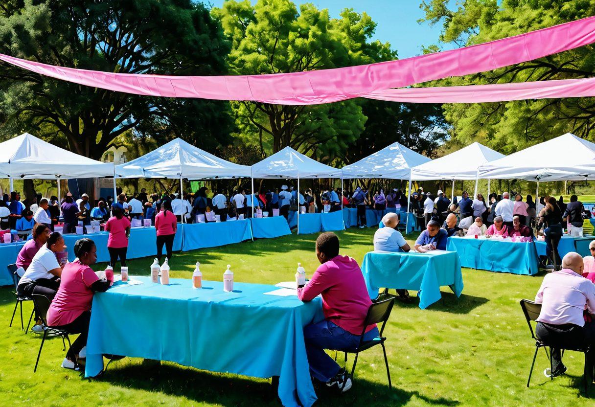 A vibrant community gathering in a park, featuring diverse individuals engaging in discussions about cancer awareness, with colorful banners promoting health education. Show a small stage with a speaker delivering a talk, surrounded by informational booths offering resources, pamphlets, and healthy snacks. Include symbolic elements like pink ribbons and healthy plants, with a clear blue sky above. digital painting. vibrant colors. community-focused.