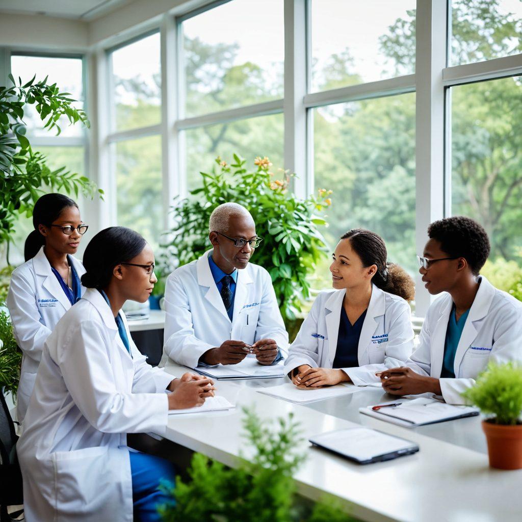 A hopeful and inspiring scene depicting a diverse group of patients and researchers collaborating in a bright and modern laboratory. The patients are of various ages and ethnic backgrounds, engaging with state-of-the-art technology and sharing insights. In the background, a window reveals a serene garden, symbolizing healing and growth. Include elements representing cancer research, like DNA models and supportive materials. soft focus. vibrant colors. super-realistic.